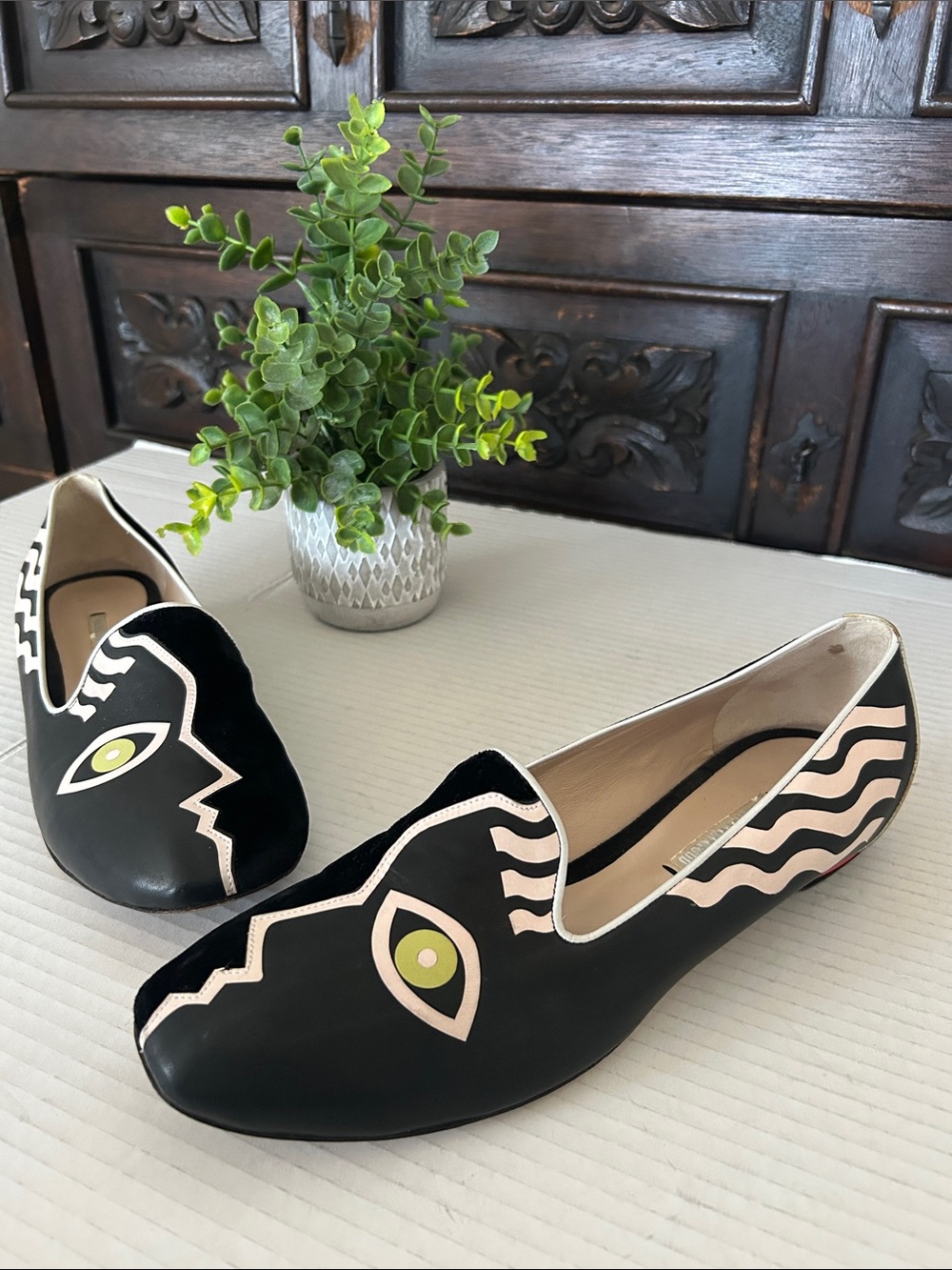 Nicholas Kirkwood Black Leather Flats with Pink & Lime Eye Motif